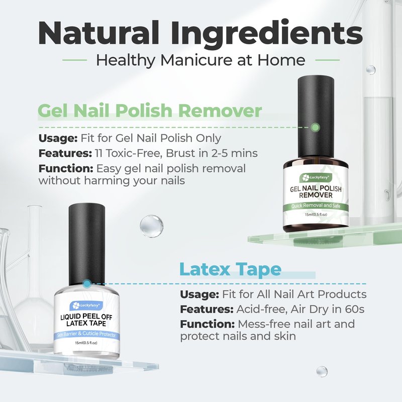 Luckyfairy Gel Nail Polish Remover: 15ml Nail Polish Remover with Liquid Latex for Nails Peel off, Fast & Easy Remove Gel Polish in 2-5 Minutes, No Soaking or Wrapping, Cuticle Protectors