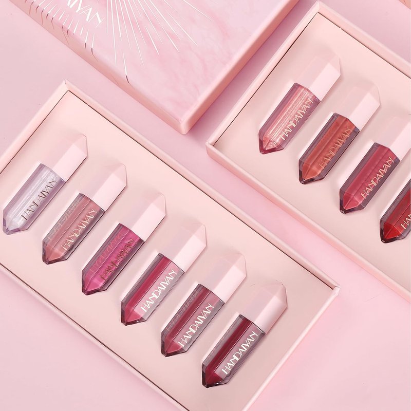 BANGFENG Diamond Lip Gloss Set - 6PCS Matte & Pearlescent Finish, Long-Lasting Hydration, High-Pigment Formula