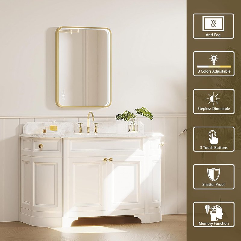 LED Bathroom Mirror - 24x32 Inch Gold Metal Framed Lighted Vanity Mirror | Dimmable, Anti-Fog, 3 Colors