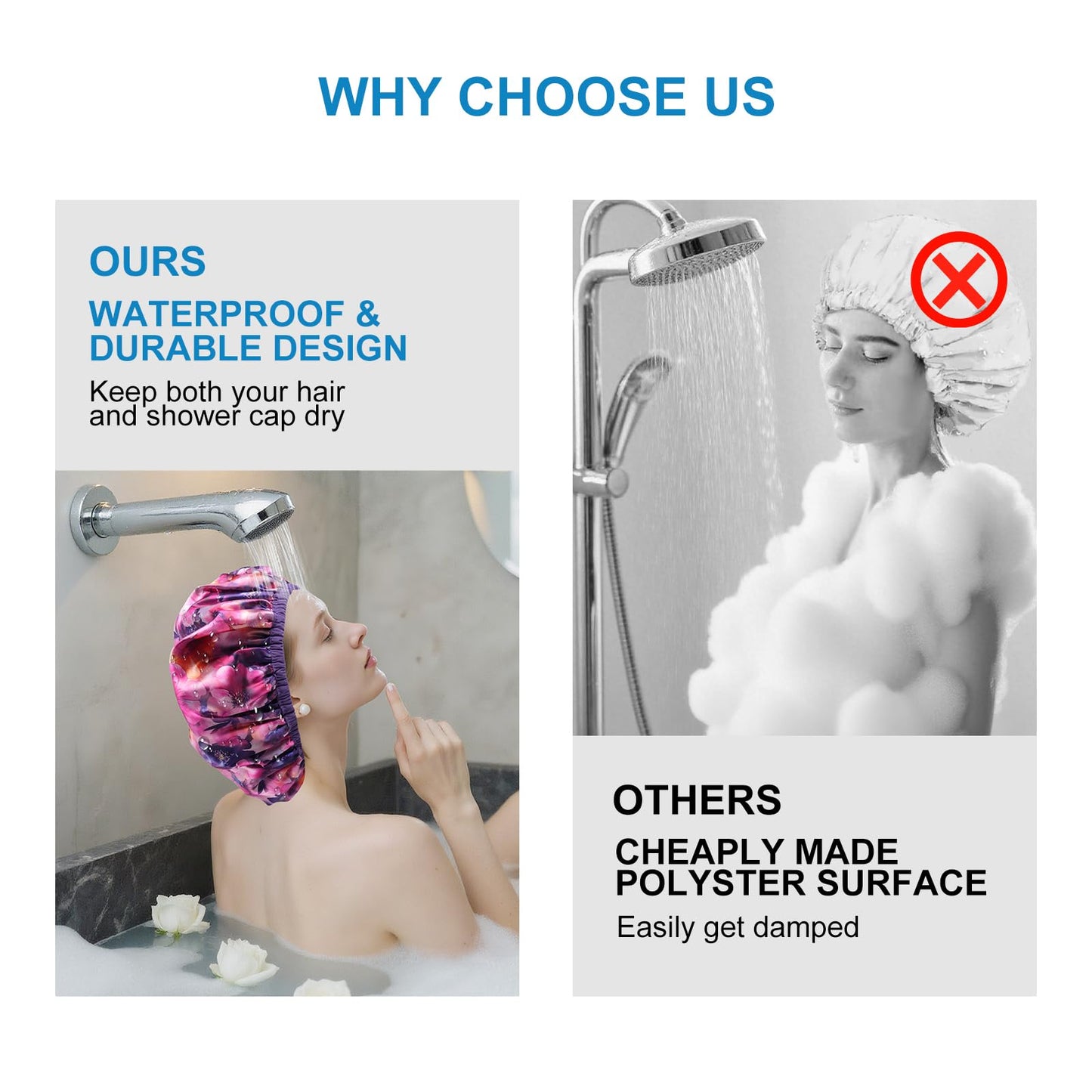 Upgraded Waterproof Terry Shower Caps, Reusable Shower Cap for Women with Long Hair, Soft Absorbent Hair-Protecting Towel Lining Bath Cap, Large Leak-Proof Hair Cap with Fashionable Print Outer-Purple