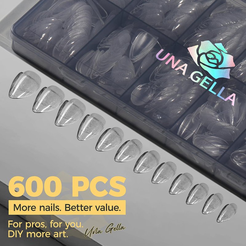 Short Almond Gel Nail Tips - 600 Pcs Pre-Filed Half Matte Press-On Nails | 12 Sizes Full Cover Clear Fake Nails for DIY & Salon Use