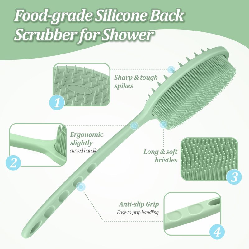 GEENOA Silicone Back & Body Scrubber Set 2PCS, 13.4'' Gentle Exfoliating Back Scrubber with Dual-Side Head and Non-Slip Handle, Hygienic Silicone Loofah with Soft Bristles and Massage Dots(Green-2PC)