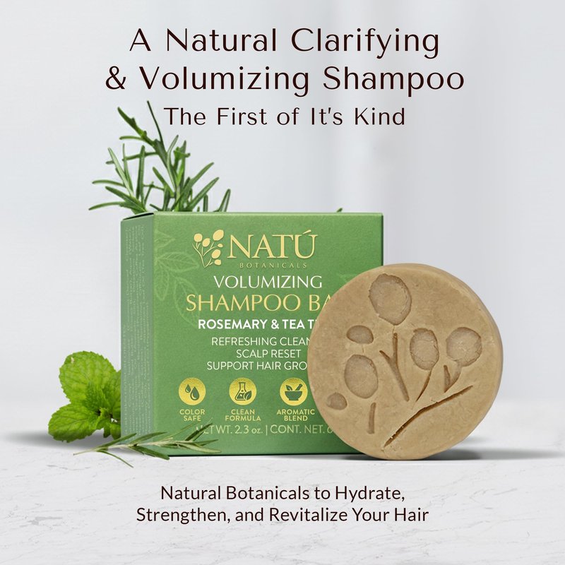 NATÚ BOTANICALS Volumizing Shampoo Bar – Rosemary & Tea Tree Scalp Reset, Lightweight Solid Shampoo for Lift, Shine & Hair Growth Support, Travel-Friendly Sulfate-Free Shampoo Bar, 2.3 oz