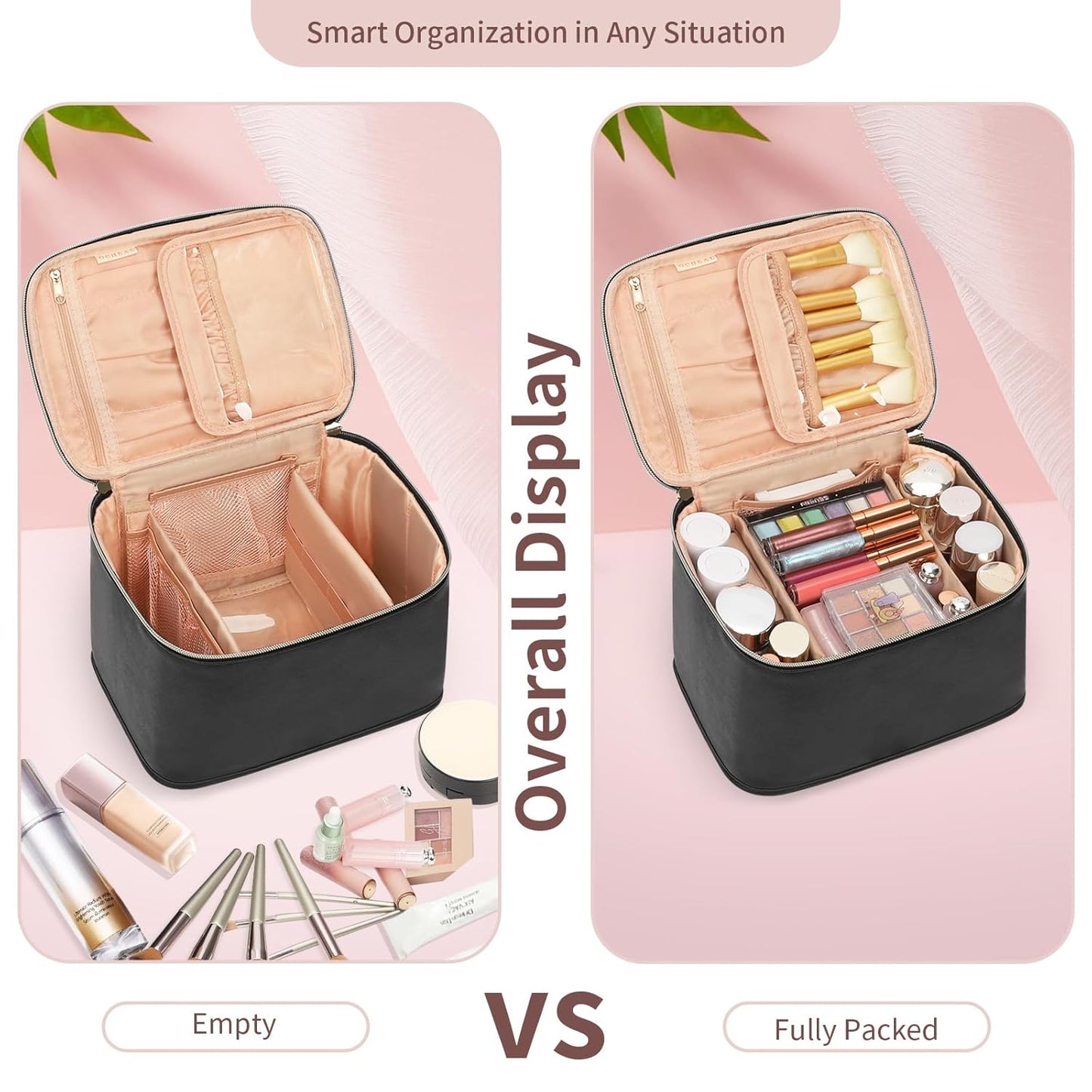 Travel Makeup Bag Organizer - Large Capacity Cosmetic Case with Divider & Handle | Black
