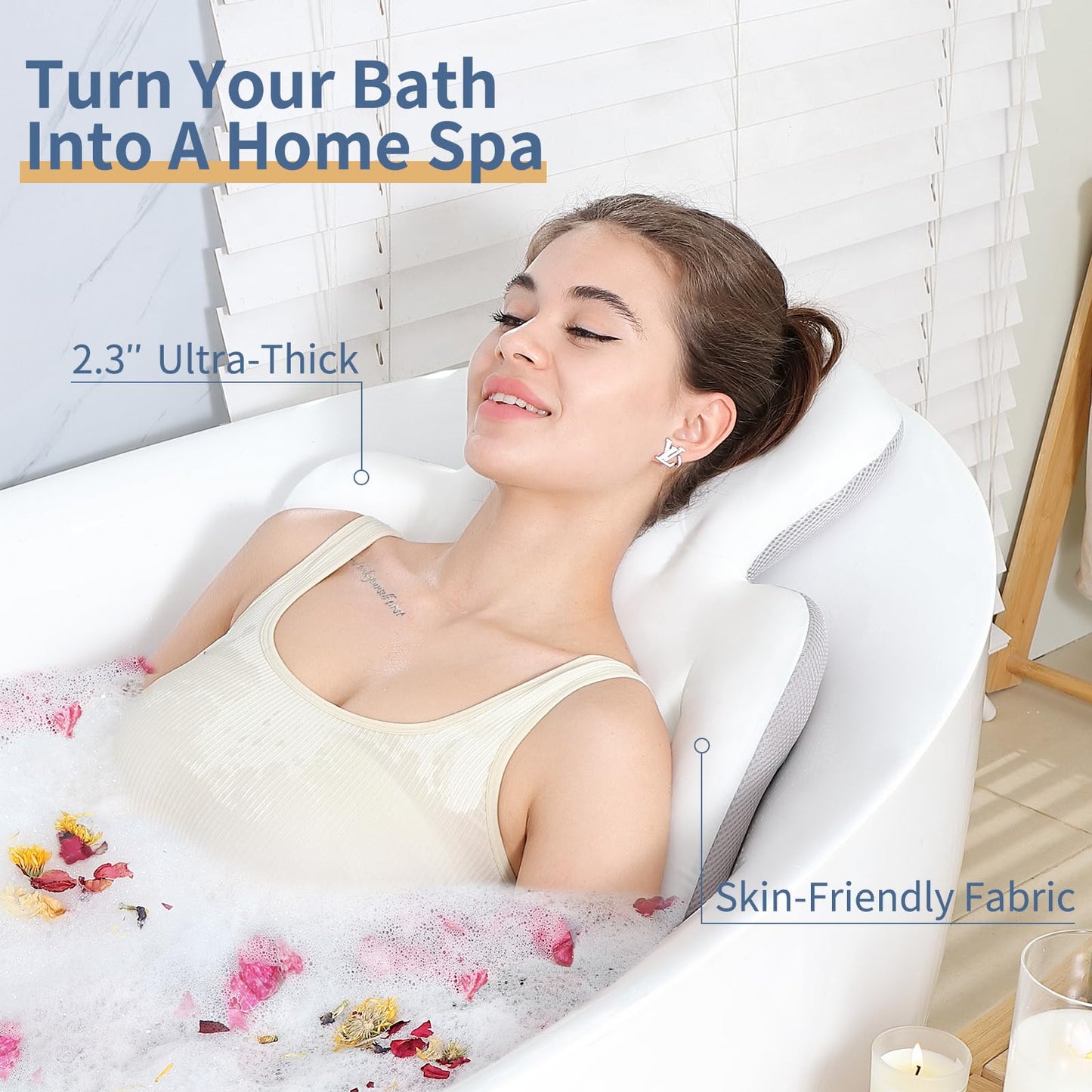 Luxury Bath Cushion, Full Body Bathtub Pillow with 160 Suction Cups, Bath Mat for Head and Neck Support, with Laundry Bag (White, 56" x 16")