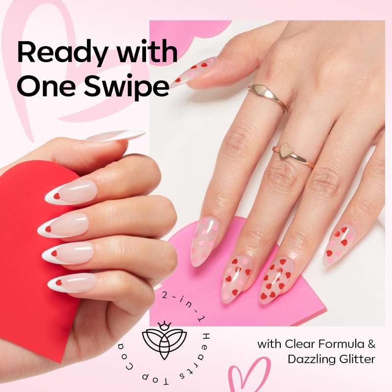 modelones Heart Glitter Gel Top Coat, 15 ML 2 in One No Wipe Clear Gel Nail Polish Red Pink Color Reflective Hearts Sequins Glossy Shine Long Lasting Soak Off Manicure Gift for Women