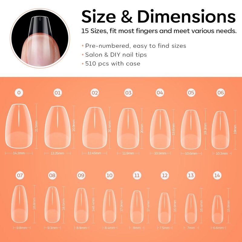 Modelones Short Coffin Nail Tips - 510Pcs Fake Nails Gel Tips Half Matte Full Cover No Filed Stronger Press on for Manicure Extension Art DIY Salon 15 Sizes