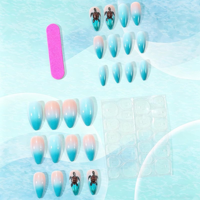 GCSQW Summer Press on Nails Medium Almond, Gradient Green Ocean Fake Nails with Turtle Designs Glossy Acrylic Nails Press ons, 24Pcs Reusable Stick on Nails for Women Manicure