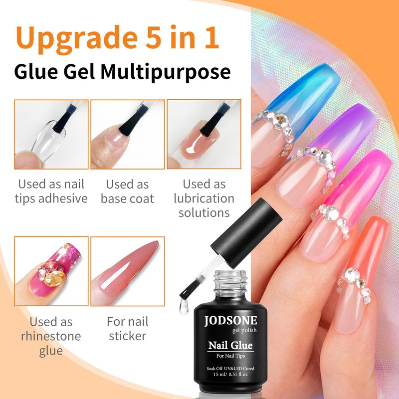 JODSONE 2PCS 15ML Nail Glue Gel for False Nail Tips for Long Lasting Extension Nail Glue and Clear Press On Nails Rhinestone Nail Repair Treatment,Home Salon UV Nail Light Cured