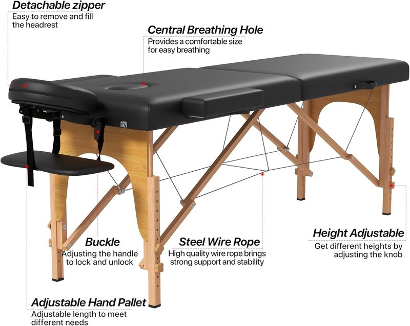 Portable Massage Table - 2 Section Foldable Tattoo Bed | Height Adjustable Lash Spa Bed with Face Cradle - Black