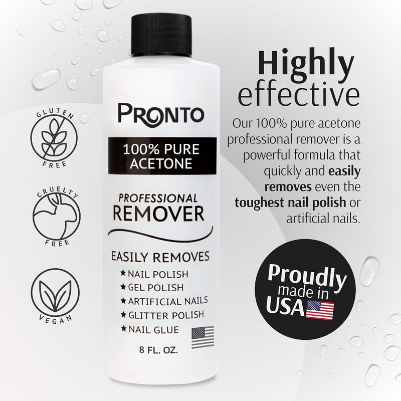 100% Acetone Gel Nail Polish Remover - Effective for Glue, Gel, Acrylic & Dip | 8 Fl Oz