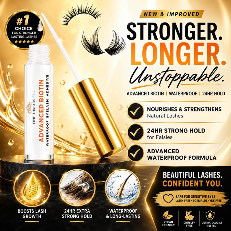 Advanced Biotin Clear Eyelash Glue Sensitive Eyes Safe Latex Free Hypoallergenic Strong Hold Cluster Lash Glue, False Eyelash Extensions Strip Lash Adhesive, Vegan Cruelty Free Waterproof