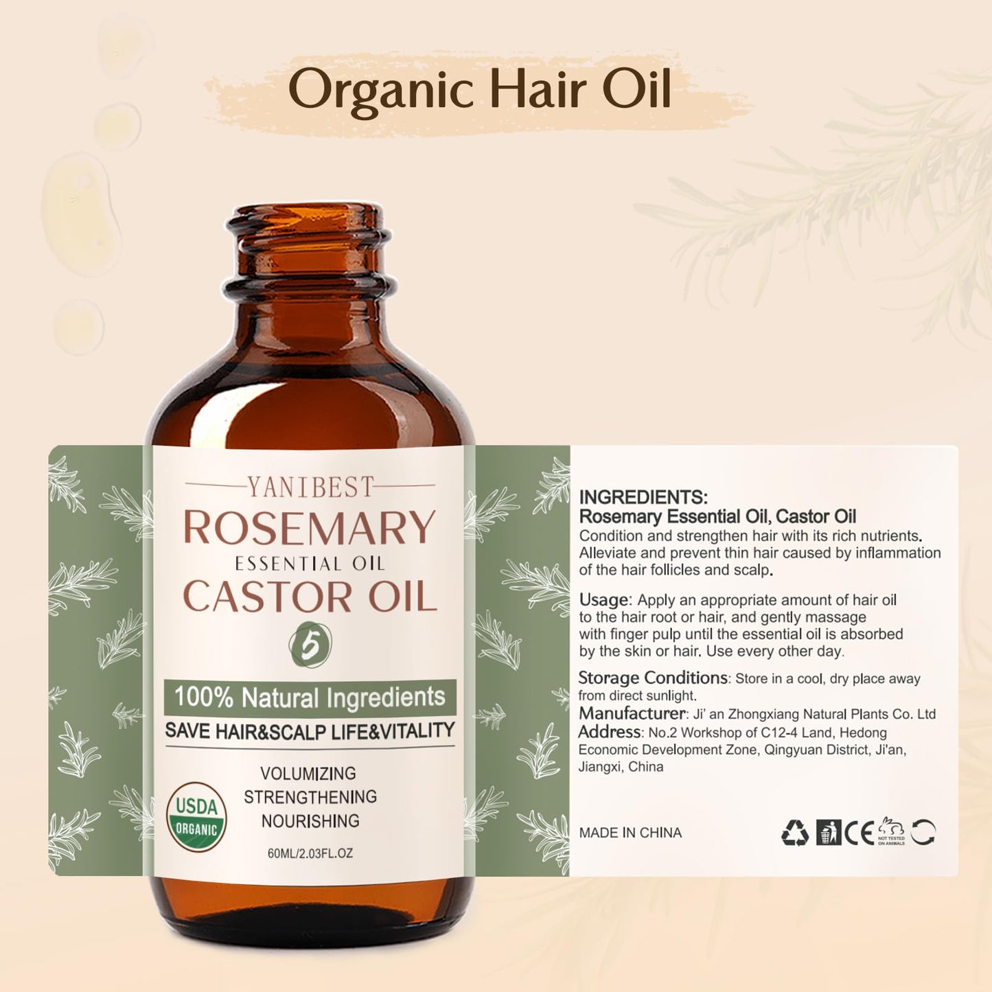 YANIBEST Organic Rosemary Essential Oil, Castor Oil, 100% Pure Natural Hair Oil for Strengthening Hair, Nourish and Repair Damaged Hair, Improve Scalp Health