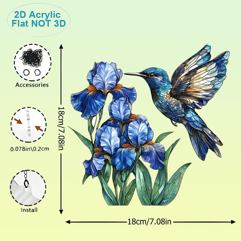 Acrylic Hummingbird and Irises Suncatcher - 7.08 Inch Stained Glass Style Window Decor | Indoor/Outdoor Garden Ornament