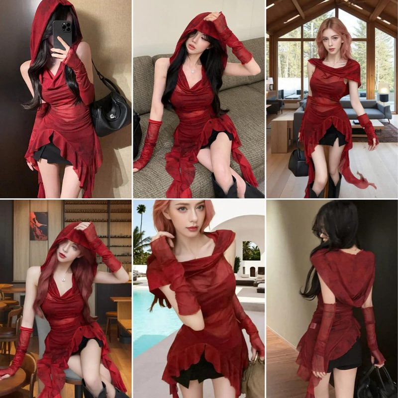 Women Gothic Mesh See Through Hooded Tops Y2K Irregular Hem Ruffles Hoodie Blouse with Cuffs Red
