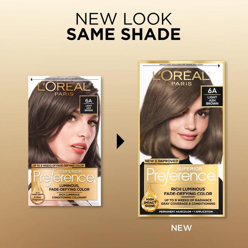 L'Oreal Paris Superior Preference Luminous Fade-Defying Permanent Hair Color, Hair Dye For Up to 9 Weeks of Radiance, Light Ash Brown 6A, 1 Hair Dye Kit