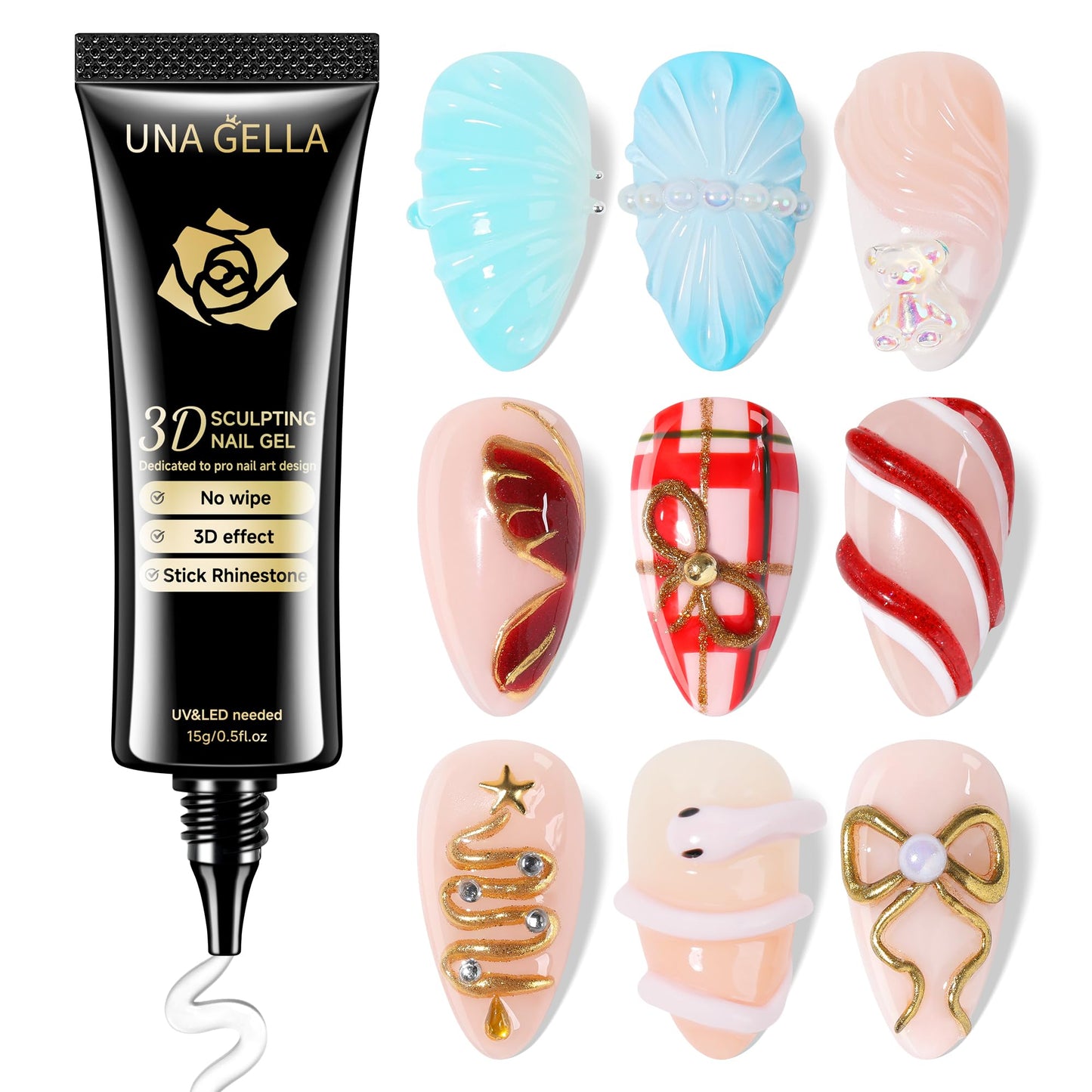 UNA GELLA 3D Gel Nail Art, 3D Nail Gel Sculpting G el Glue 15g 4 in 1 No Wipe Clear Nail Polish for Nails Tips, Chrome Powder, Nail Charms Gems, Drawing and DIY Nail Art Lamp Curing Needed