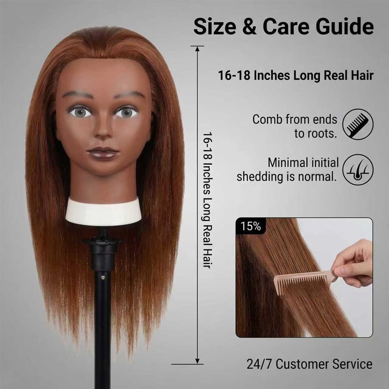 16 Inch 100% human hair mannequin head practice head for braiding manikin head with Clamp stand doll head for hair styling practice kit for kids and Cosmetology (Brown 16-inch)