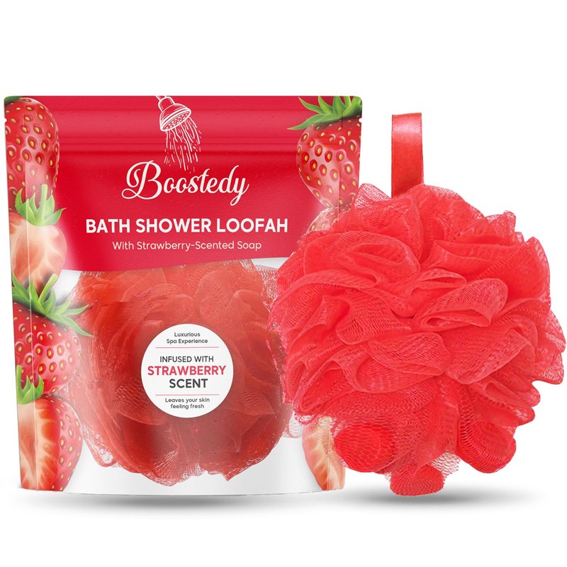 Bath Shower Loofah with Strawberry-Scented Soap – Soft & Exfoliating Body Scrubber, Soap-Infused Loofah, Luxurious Spa Experience, Durable (Red - Strawberry, Medium (Pack of 1))