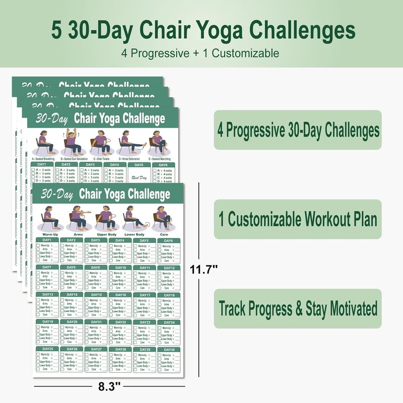 Chair Yoga Poster for Seniors | Set of 5 Illustrated Guides & 30-Day Challenges for Mobility, Balance, Flexibility