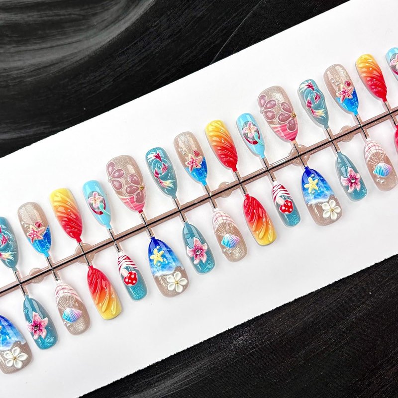 30 Pcs Summer Beach Press On Nails Almond Shape - Ocean Theme Handmade Fake Nails with Seashell Starfish Decor, Reusable Acrylic False Nails for Women Wedding Party Vacation