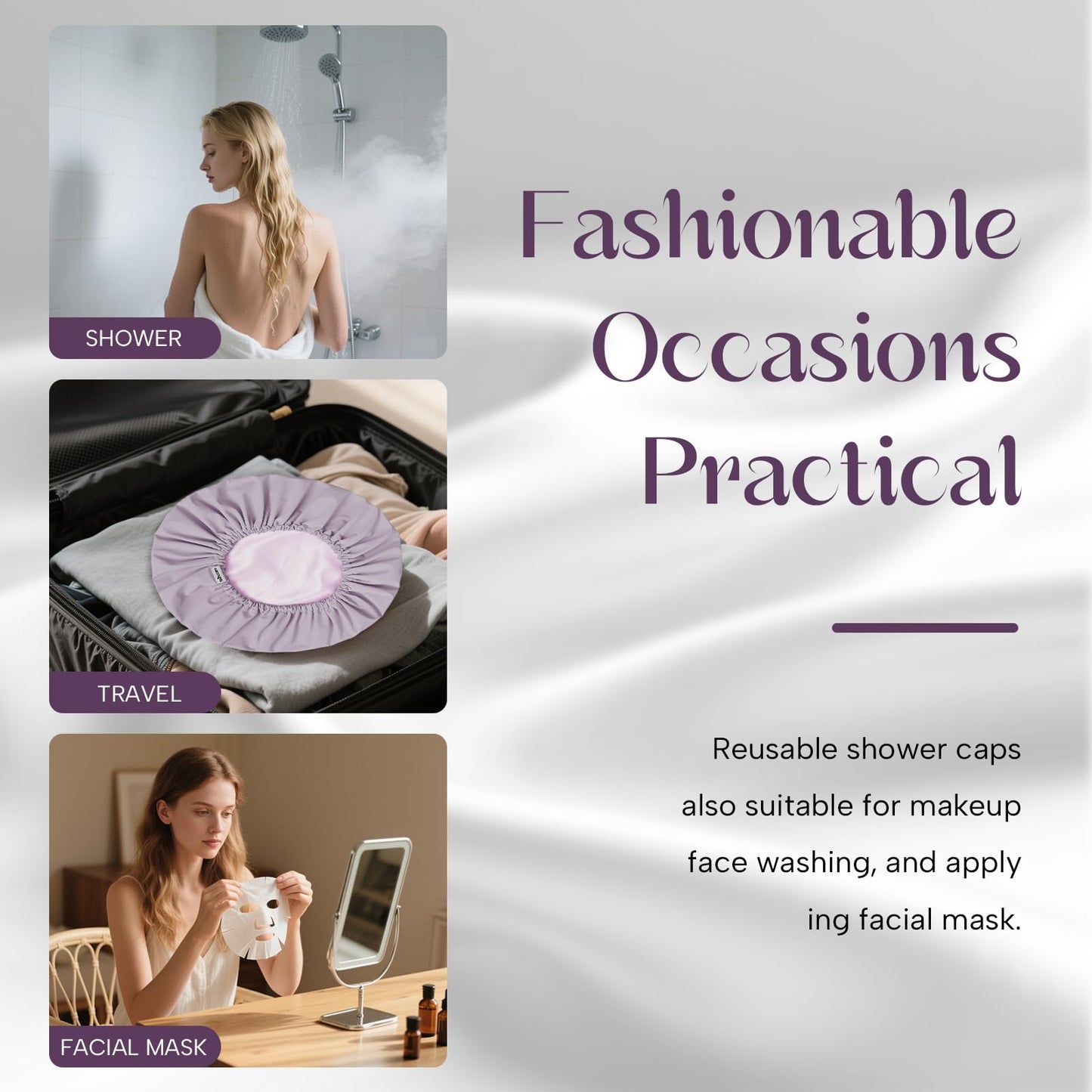Years calm Shower Cap Reusable Waterproof, Double-Layer Hair Cap for Women, with Elastic Band, Ideal for Shower, Spa, Travel & Cleaning (Light purple, One Size)