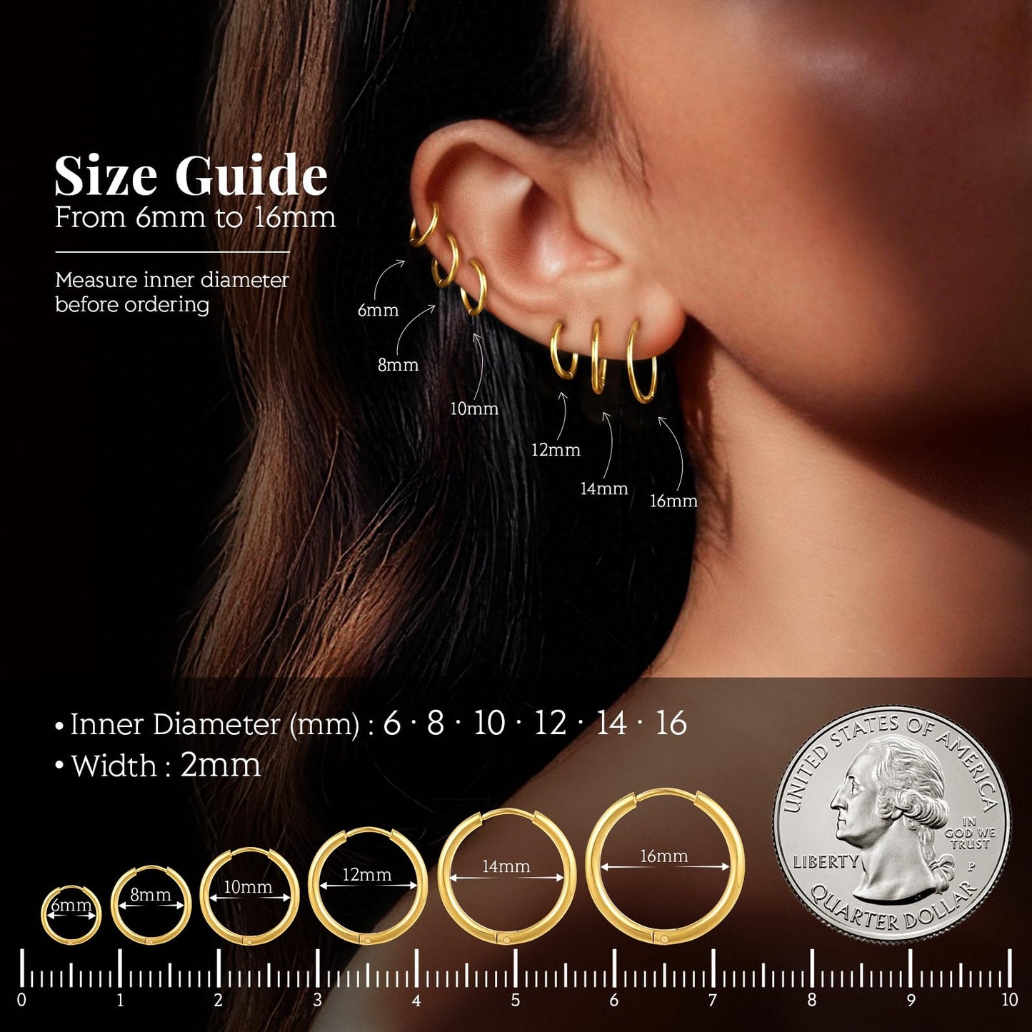 6 Pairs Gold Hoop Earrings for Womem: 14K Gold-plated Lightweight Hypoallergenic, Nickel-Free Lead-Free, Non-Tarnish Cartilage for Multiple Piercings Stack for Jewelry Set