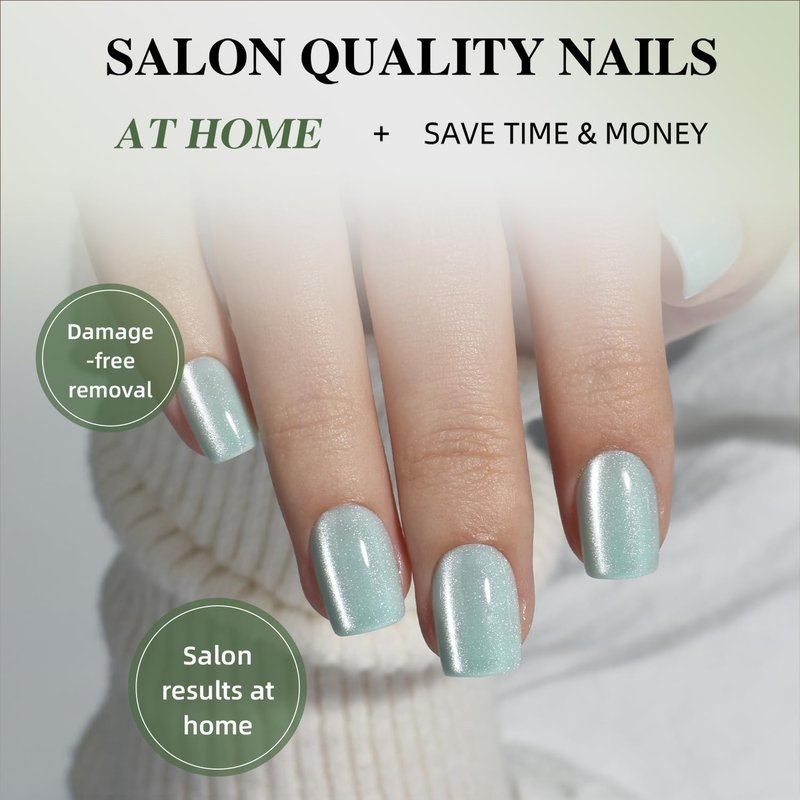 Green Cat Eye Press On Nails Square - Green Short Square Fake Nails, Cateye Press On Nails Reusable Stick On Nails in 15 Sizes 30pcs False Nail Kit for Women & Girls (Mint Stardust)
