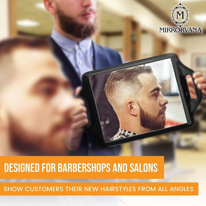 Mirrorvana XLarge Barber Hand Mirror with Double Comfy Handles, Professional Handheld Mirror for Salon and Barbershop (14” x 8.5”)