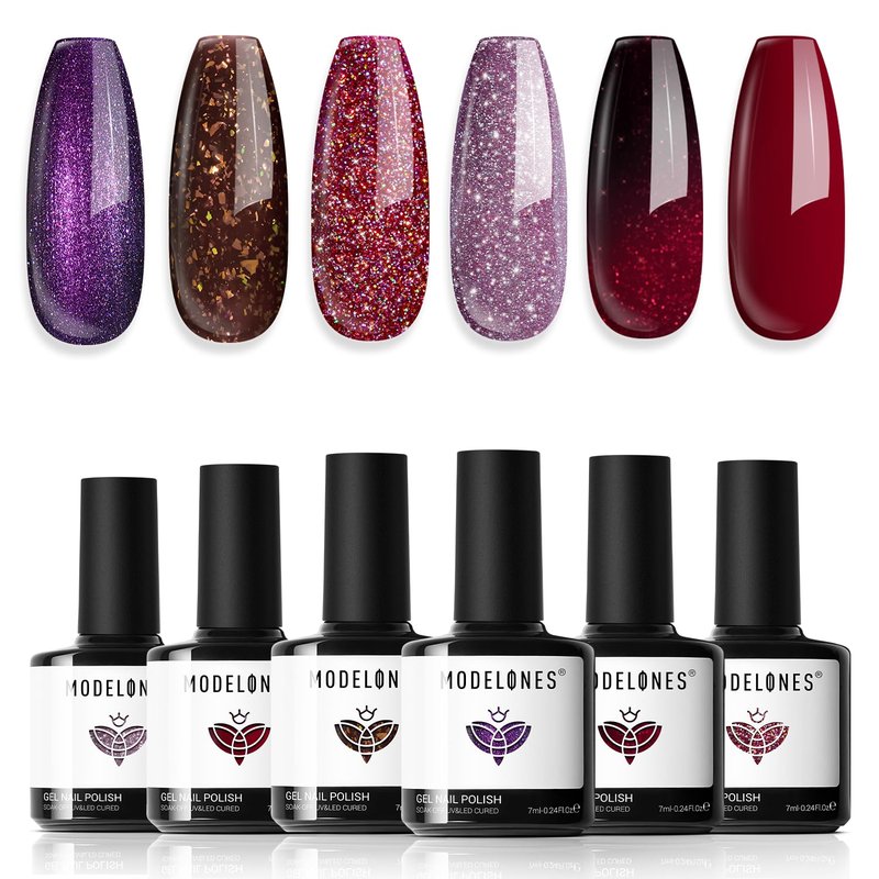 modelones Gel Nail Polish Set 6 Colors Winter Dark Red Burgundy Brown Purple Glitter Gel Nail Polish Color Changing Sparkle Shimmer Polish Kit Soak Off UV Nail Art DIY Salon Gifts For Women Girl