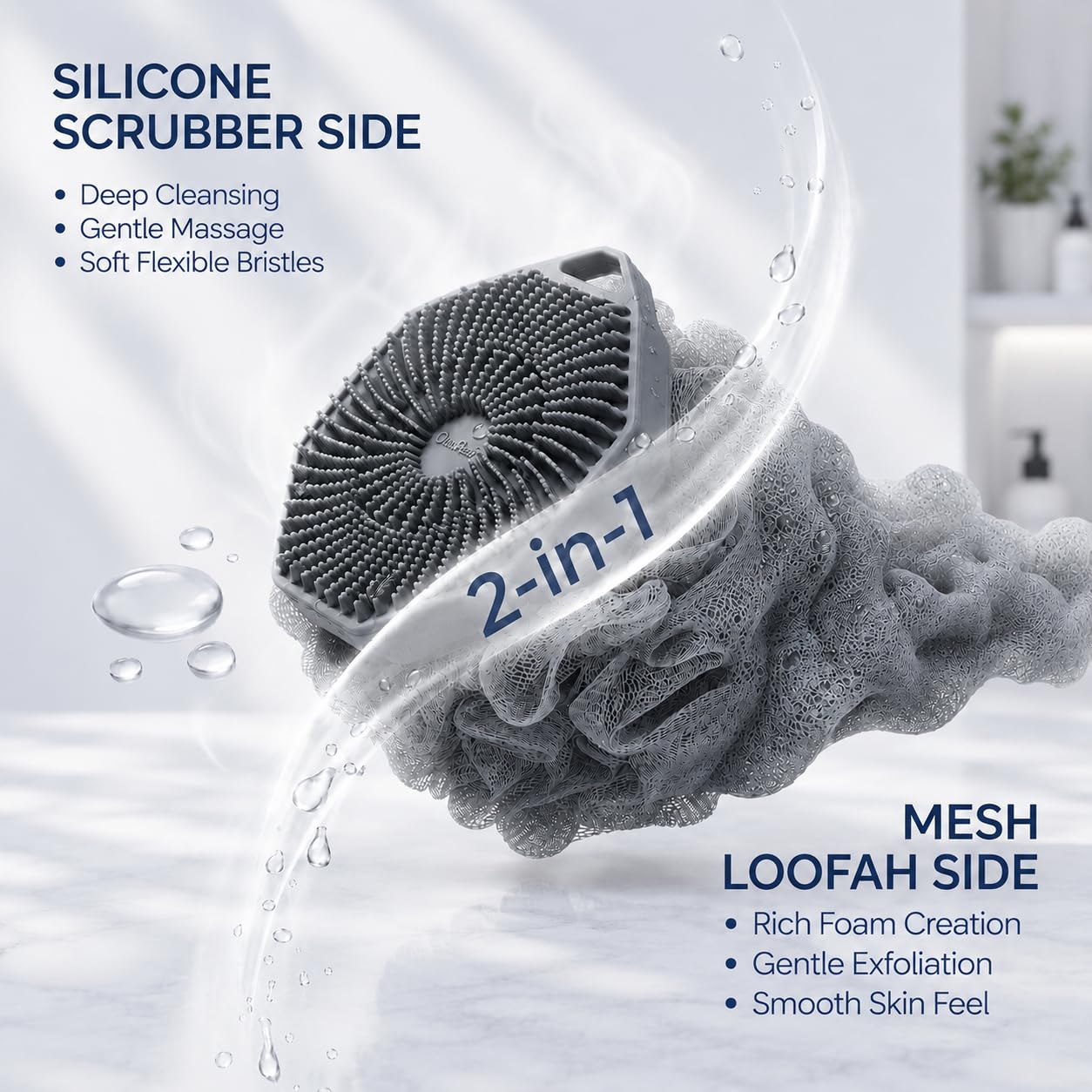 2-in-1 Silicone Body Scrubber & Mesh Loofah Sponge – Exfoliating Silicone Shower Scrubber with Soft Loofa Puff, Silicone Bristles, Non-Slip Grip, Quick Dry, Hygienic Body Scrubber for Women & Men