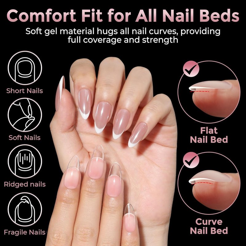 Luckyfairy Medium Almond Nail Tips, 240pcs Soft Gel Pre-Filed Acrylic Almond Fake Nails, Half Matte Full Cover Clear Press on Flase Nail Tips for Nail Extension Home DIY 12 Sizes Gelly Tips