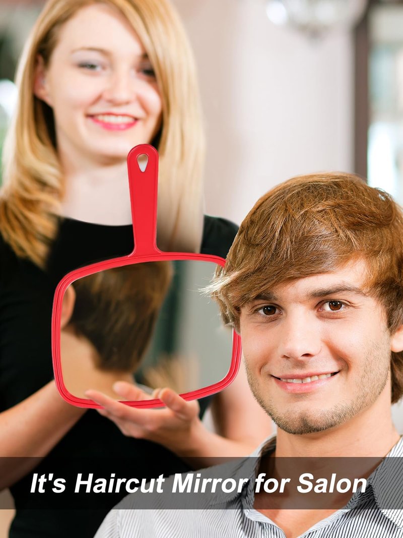 Gladmart Hand Mirror Salon Barber Hairdressing Handheld Mirror with Handle (Square Red 7.4 x 10.3 inches)