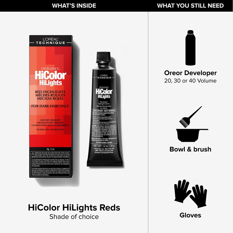 L'Oréal Technique HiColor Red HiLights - Permanent Hair Color for Dark Hair, Intense Red Highlights, No Pre-Lightening Required, Rich, No-Drip Crème, Quick Processing Time, Red
