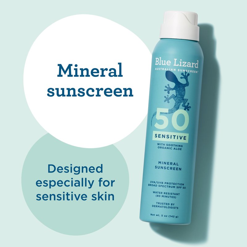 Blue Lizard Sensitive Mineral SPF 50 Spray, Dermatologist-Recommended Brand, Broad-Spectrum UVA/UVB Protection, Water-Resistant, Zinc Oxide Formula, 5 oz