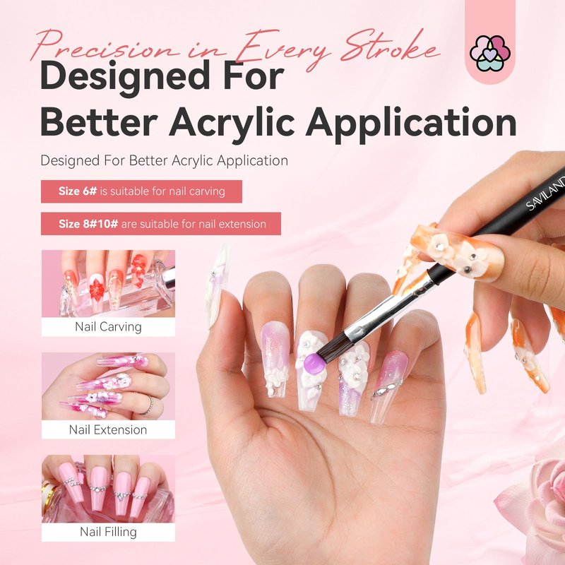 SAVILAND Acrylic Nail Brush Professional: Size 6,8,10 Nail Brushes for Acrylic Powder Application Black Round Shaped Nail Art Brush with Sturdy Handle Manicure Tools Extension Carving for Home Salon