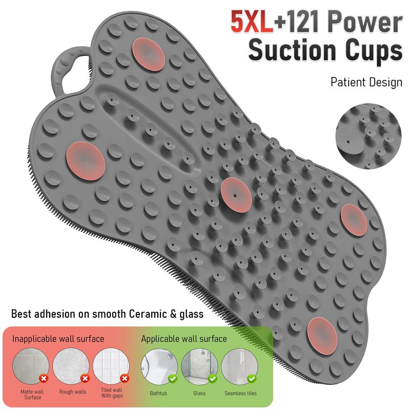 EaTubano Wall Back Scrubber for Shower - Extra Large XXXL Foot Washer, Silicone Feet Back Massage Scrubber Cleaner Foot Toes Clean Pad Without Bending Non-Slip Suction Cups (Grey)