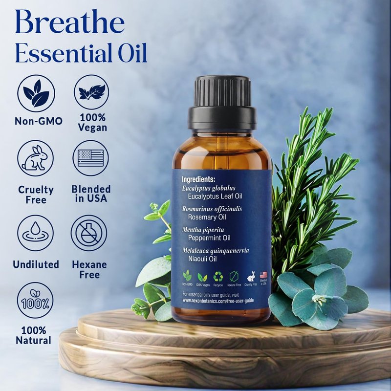 Breathe Essential Oil Blend 30 ml - Breath Sinus Relief with Menthol Oils - for Humidifiers, Diffusers, and Aromatherapy - Nexon Botanics