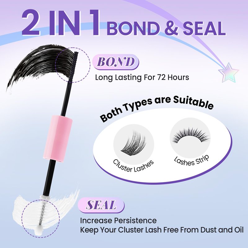 Lash Cluster Glue, Bond and Seal Waterproof Eyelash Glue, Eyelash Adhesive Black Long-Lasting 48-72Hours, 2 in 1 Lashes Bond and Seal Eyelashes Clusters DIY