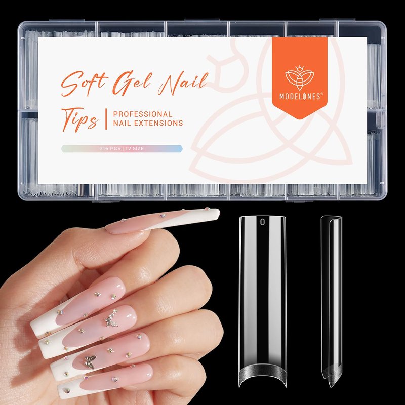 Modelones Long Square Nail Tips - 216PCS Pre-Shaped Acrylic Gel Extensions | 2XXL Size, Clear Finish
