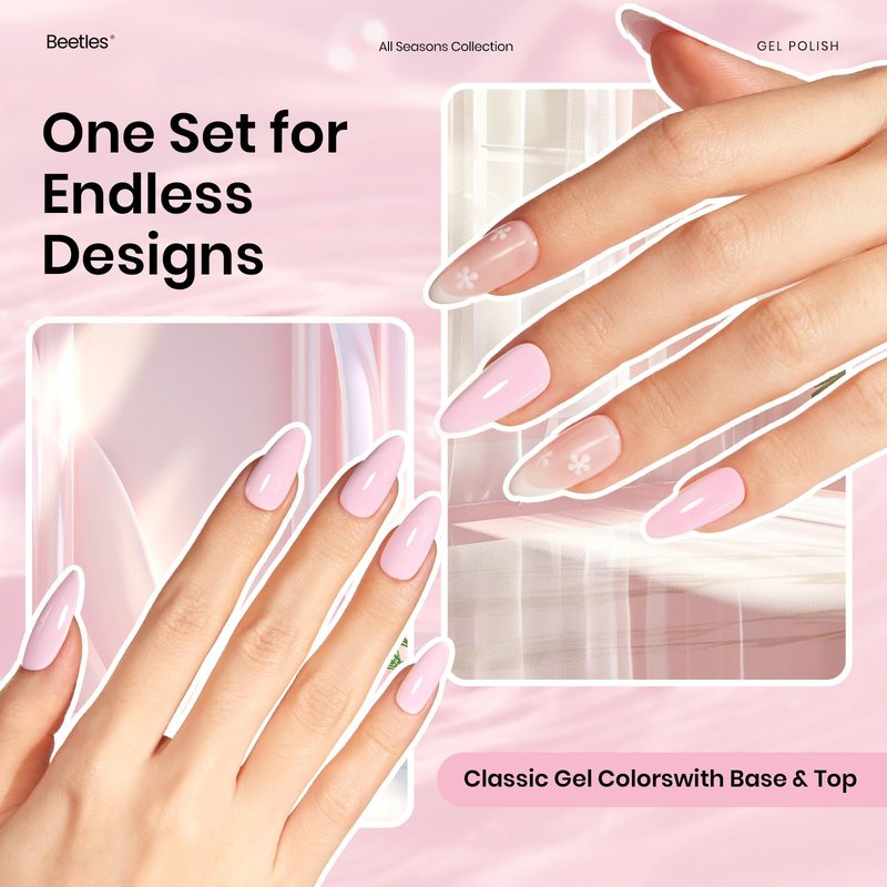 Beetles 3Pcs 15ml Pink Gel Nail Polish and No Wipe Gel Top Coat & Base Coat Set, Soak Off UV Lamp and Long Lasting Top Coat French Manicure Art Design Kit