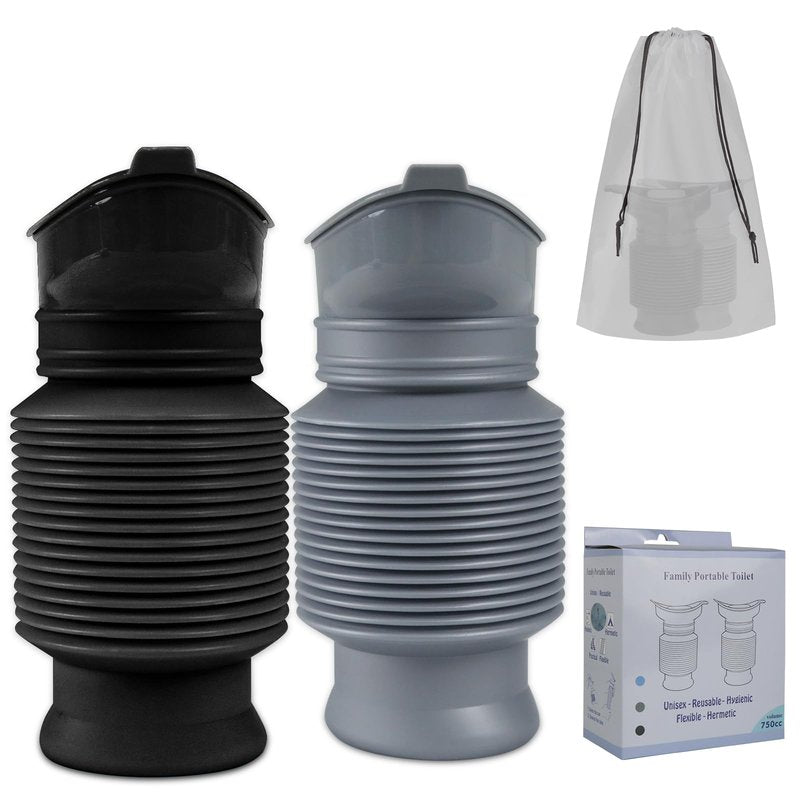 Pee Bottles for Men, Collapsible Emergency Urinal With Disposable Replacement Bags, Leakproof Car Pee Bottle for Men and Women, 2-PCS Urine Bottle, Travelling, Traffic Jams & Hiking (gray and black)