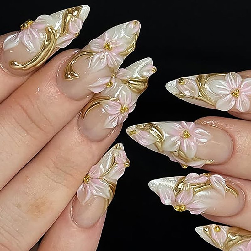 Flower Press On Nails - 24 Pcs Medium Almond 3D Floral Design with Gold Lines | Full Cover French Tip