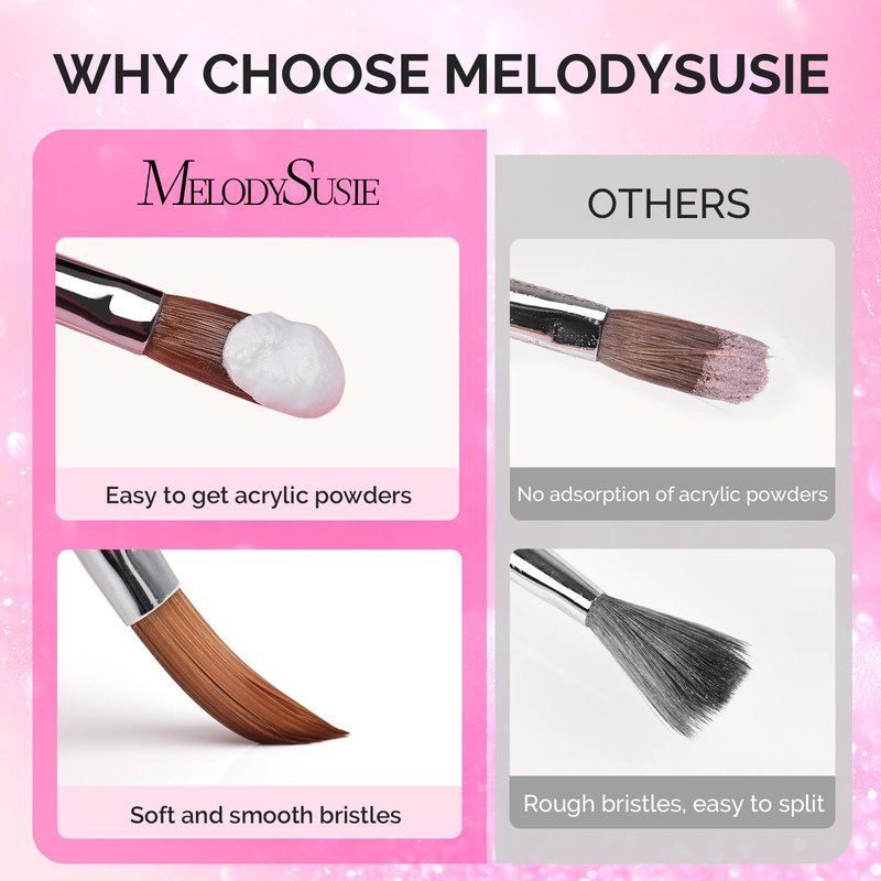 MelodySusie 3Pcs Acrylic Nail Brush Set, Size 8/10/14 with Brush Holder, Nail Art Brushes for Acrylic Application Powder Nail Extension and 3D Carving, Nail Art Tools for DIY Home Salon, Pink-Silver