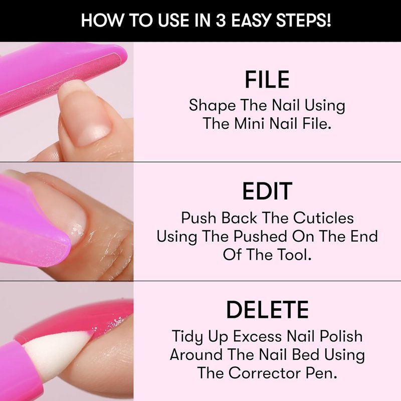 Nails Inc 3-in-1 Nail Corrector Pen - Precision Tip Cuticle Pusher & Polish Remover | Easy Cleanup, 0.13 FL