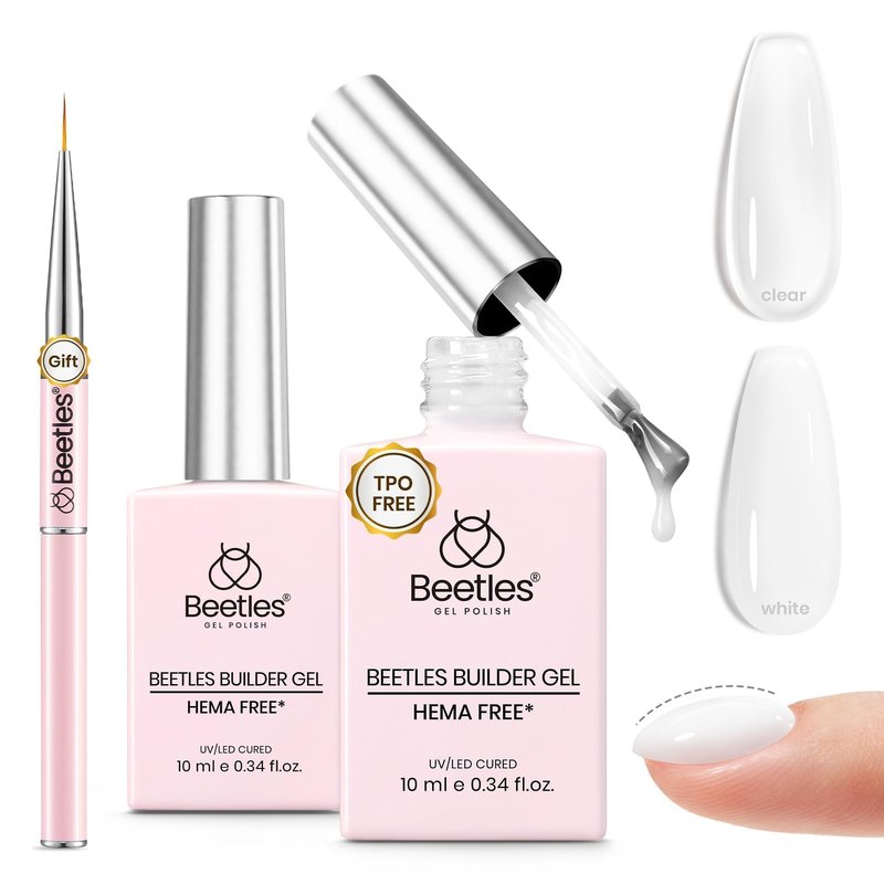 Beetles Builder Gel for Nails 2Pcs, 7 in 1 Clear & Milky White Building Gel Set HEMA-FREE&TPO FREE with Nail Brush, for Strengthening Natural Nail Apex & Extension DIY Salon at Home,UV LED Lamp Cured