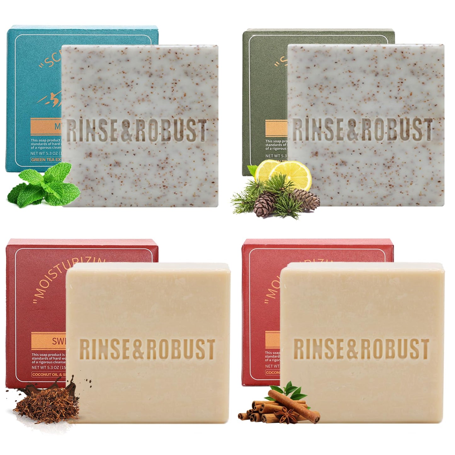 Rinse & Robust Mens Bar Soap Cleansing Bar Moisturizing & Exfoliating Scrub Soap Gift Set for Men | 4 in 1 Face Body Hand Beard Wash | Cinnamon, Lemon Cedar, Mint Ice Chips, Tobacco | 5.3 oz of 4 Bars