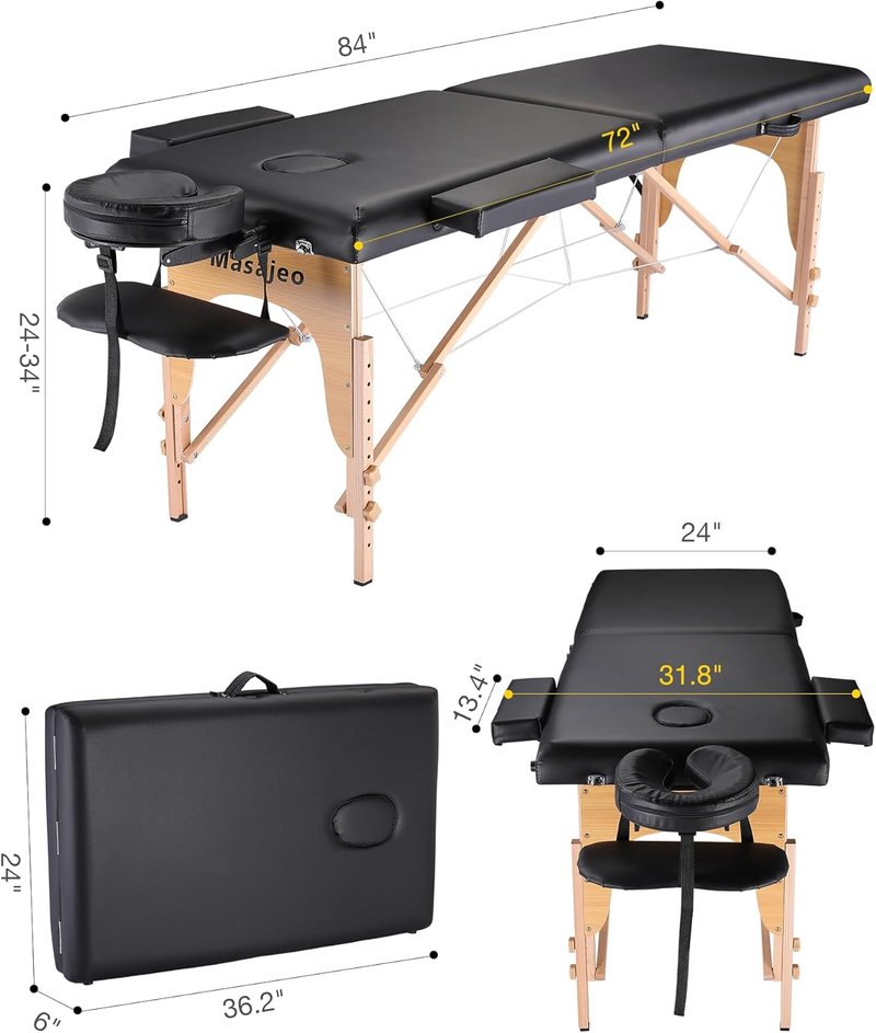 Portable Massage Table - Professional Spa & Salon Bed | Adjustable Height, 84" Long, 500 LBS Capacity, Black