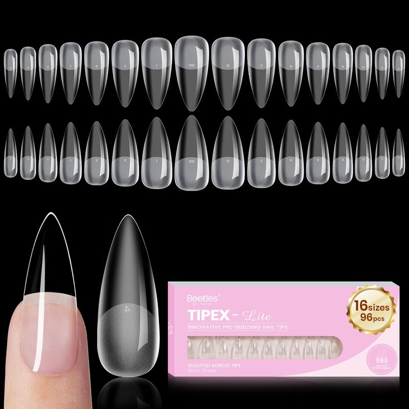 Beetles Tipex Lite Instant Apex Nail Tips, Medium Stiletto Gel Nail Tips, 16 Sizes 00-14, Built-in Apex for Natural Fit, Beginner-Friendly DIY Nail Extensions