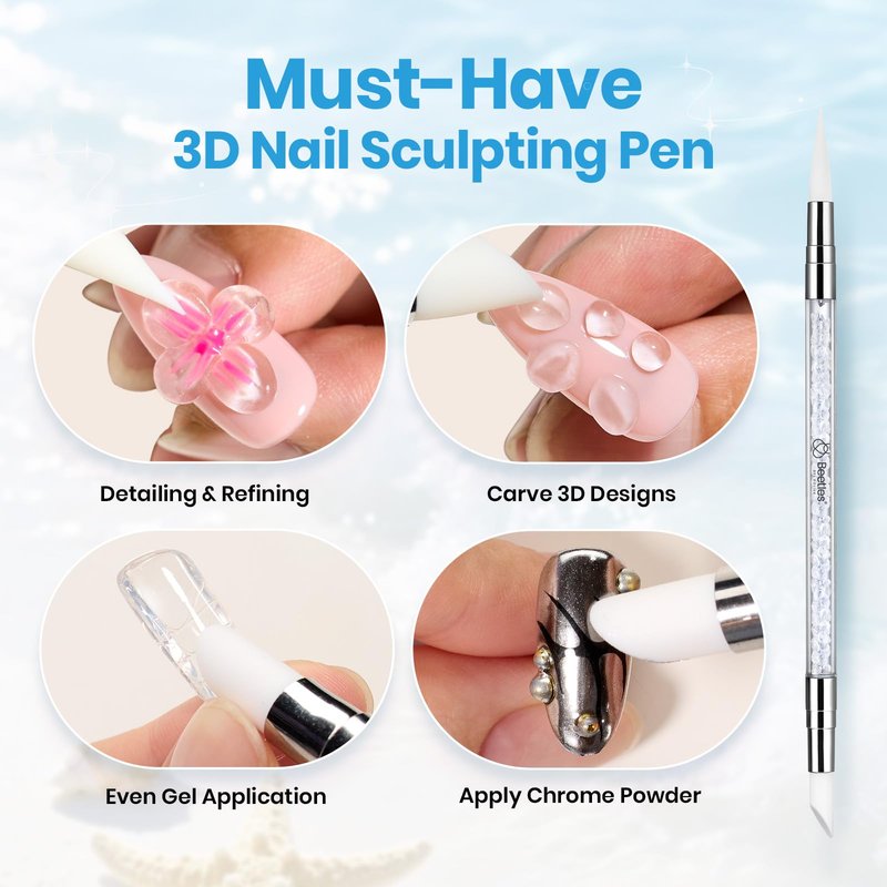 Beetles 3D Gel Nail Art with 3D Mold-Pearl White Solid Builder Nail Gel,5 in 1 Non-Sticky Sculpting with Dual-Ended Sculpture Pen, Beginner Friendly DIY at Home,UV LED Lamp Needed,Pearl Drift